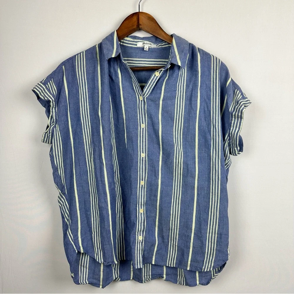 MADEWELL Central Shirt Stripe Crinkle Cotton Button Down Shirt Blue Stone - Picture 3 of 12